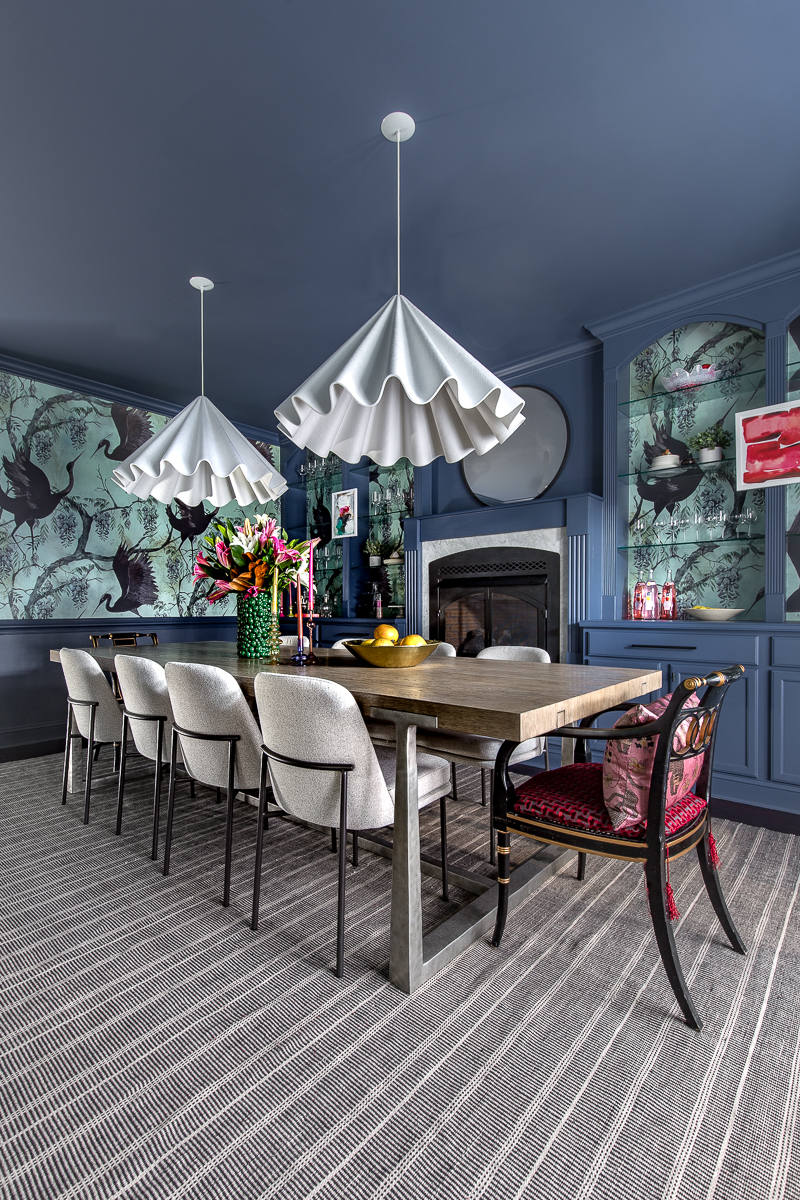 Jeweled interiors, design services, navy blue dining room, wallpaper, navy