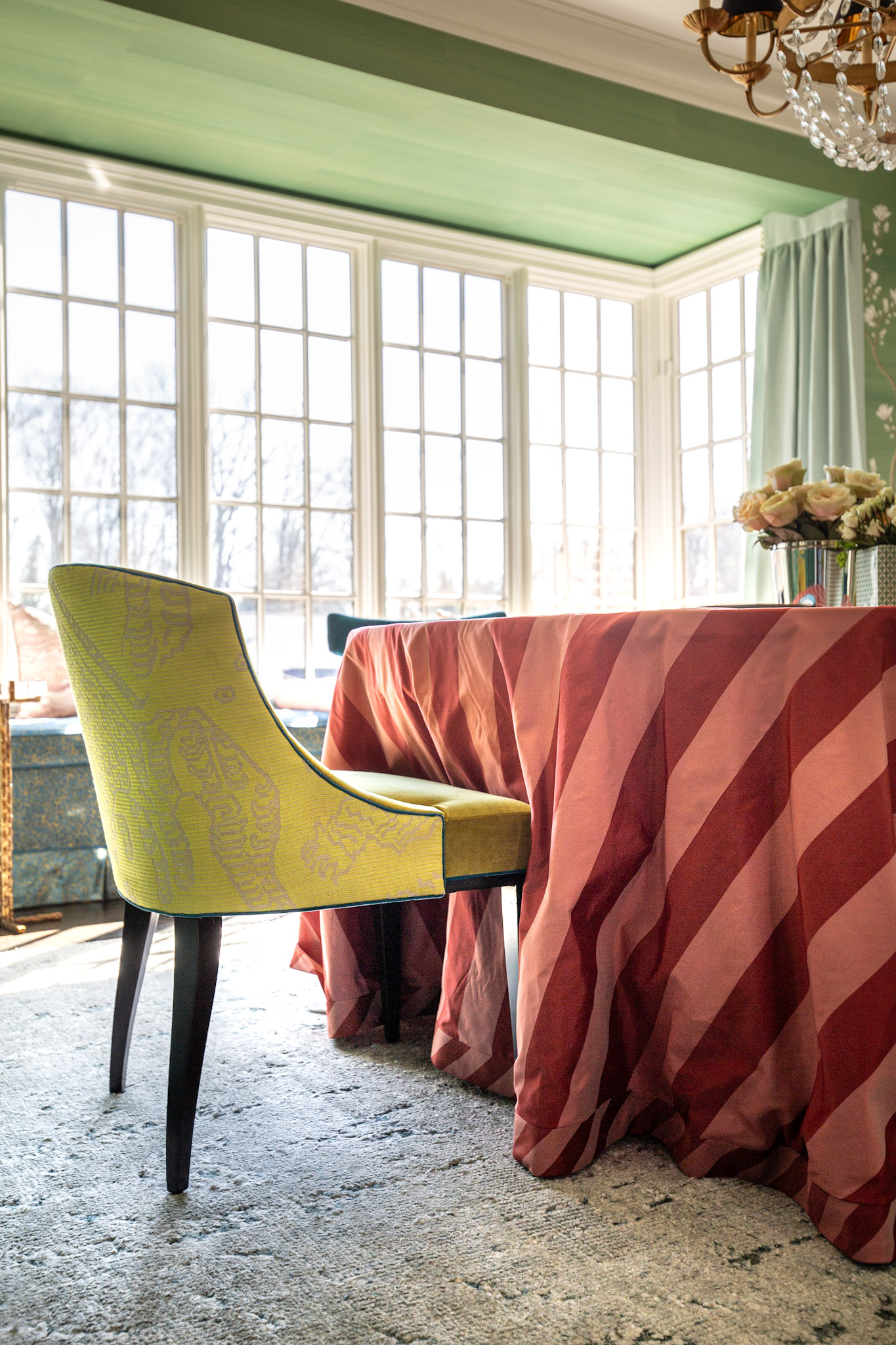 Century chair with Holly Hunt fabric, silk striped table cloth, Gracie wallpaper
