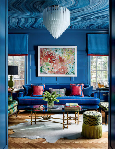 Jewel Marlowe Interior Design, Scalamandre fabric, blue, high gloss, Phillip Jeffries wallpaper, luxury interiors, red striped tablecloth, silk rug, custom drapery, chinoiserie, mirror, luxury, colorful, interior design, decorator, washington, dc, virginia, maryland, bethesda