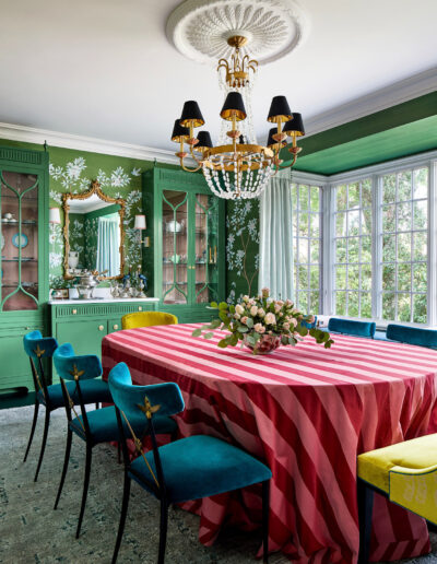 Jewel Marlowe Interior Design, Scalamandre fabric, blue, high gloss, Phillip Jeffries wallpaper, luxury interiors, red striped tablecloth, silk rug, custom drapery, chinoiserie, mirror, luxury, colorful, interior design, decorator, washington, dc, virginia, maryland, bethesda