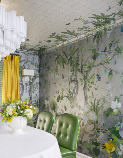 Jewel Marlowe Interior Design, Thibaut, yellow drapes, silver, chinoiserie, high gloss, wallpaper, luxury interiors, tablecloth, silk rug, custom drapery, chinoiserie, mirror, luxury, colorful, interior design, decorator, washington, dc, virginia, maryland, bethesda