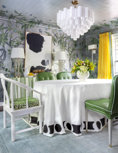 Silver Thibaut wallpaper, chinoiserie, green leather chairs, Jewel Marlowe, interior designer, decorator, Washington, DC, Maryland, Virginia