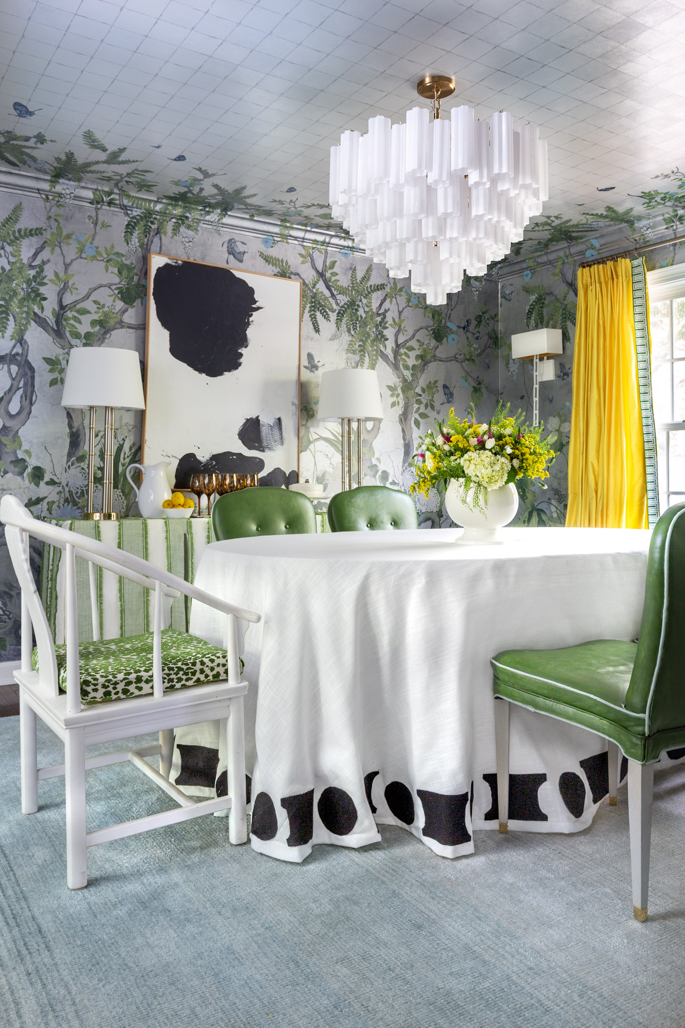 Silver Thibaut wallpaper, chinoiserie, green leather chairs, Jewel Marlowe, interior designer, decorator, Washington, DC, Maryland, Virginia