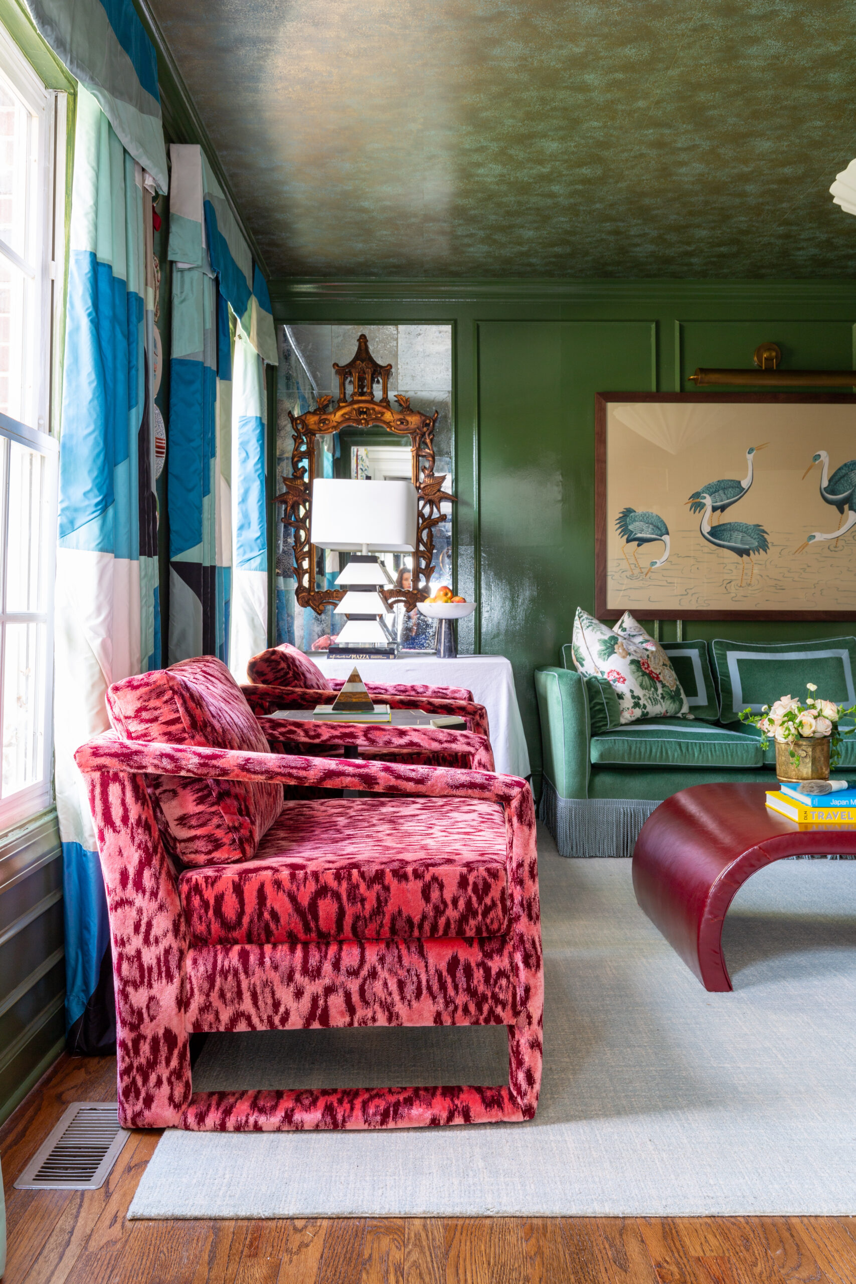 High gloss green living room, schumacher drapes, red leopard chairs, , interior designer, decorator, Washington, DC, Maryland, Virginia