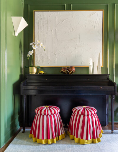 Jewel Marlowe, interior designer, decorator, green high gloss room, red and white striped ottoman, luxury, Washington, DC, Maryland, Virginia