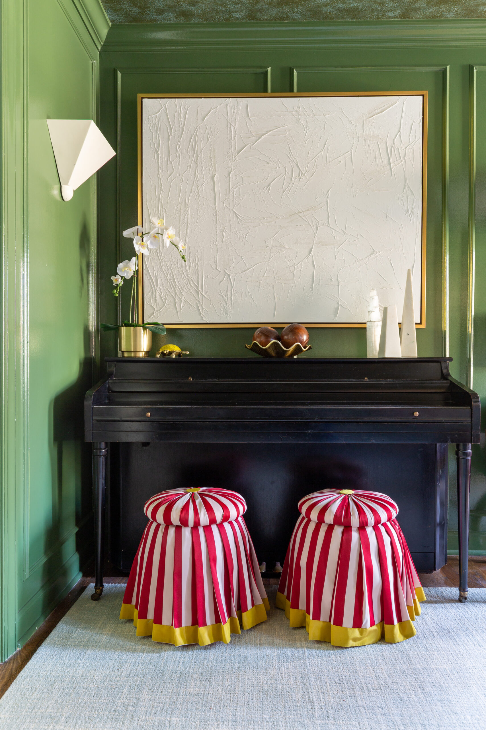 Jewel Marlowe, interior designer, decorator, green high gloss room, red and white striped ottoman, luxury, Washington, DC, Maryland, Virginia