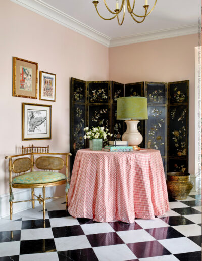 skirted table and black and white floor, Washington DC, DC, virginia, maryland, dc interior decorator, designer, initial survey, onboarding, get to know you