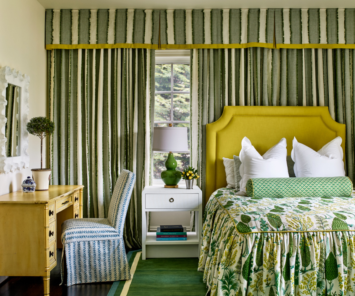 Guest bedroom, custom drapery, schumacher, yellow and green, Colorful interior designer, 