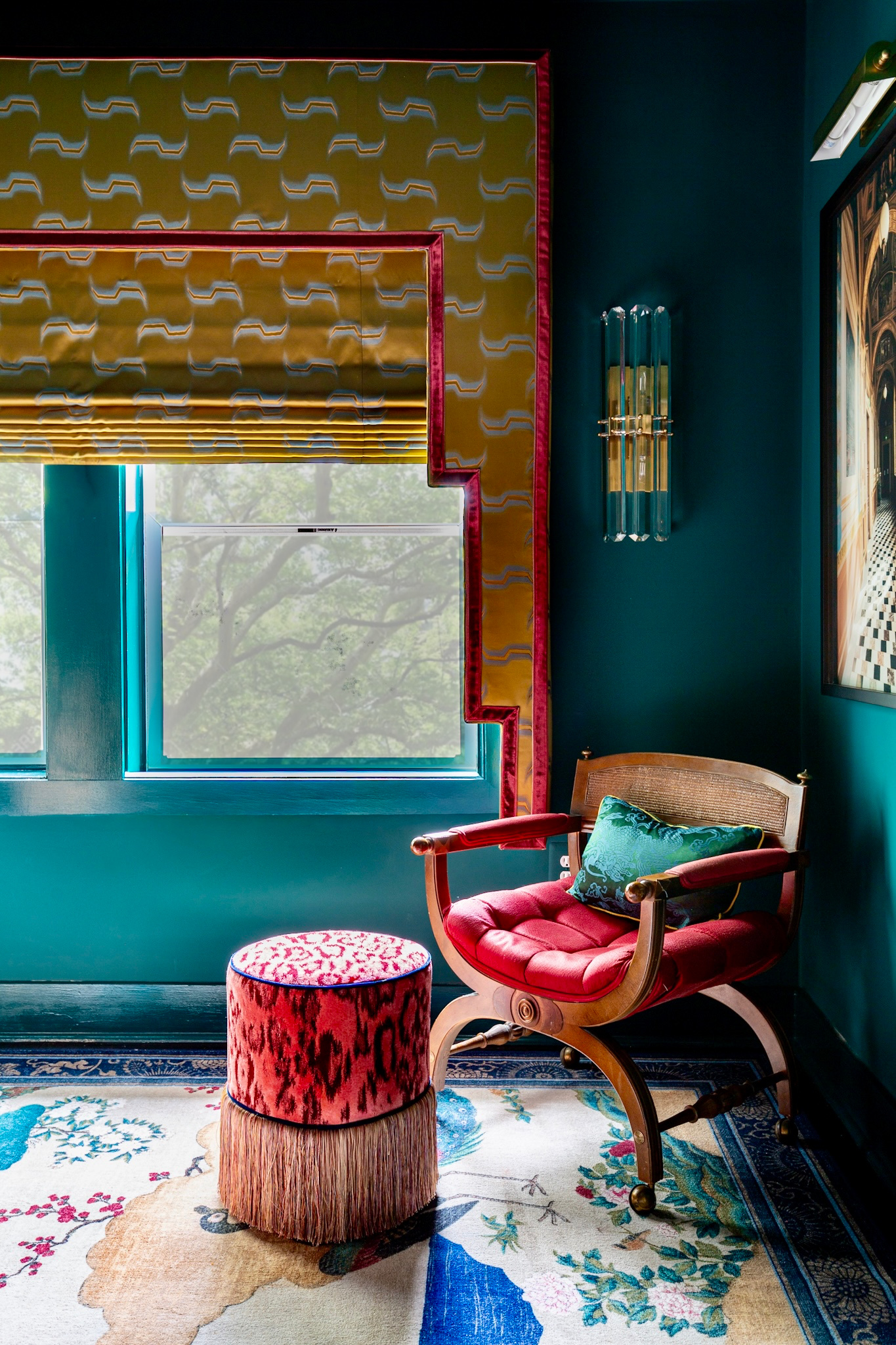 office designed by Jewel Marlowe, green walls, lambrequin, little Greene Paint, custom Fineza stool, red vintage chair